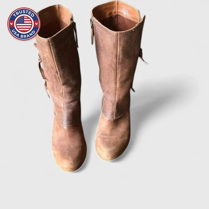 Women's suede side zip orthopedic heeled winter boots with decorative zippers - Brown