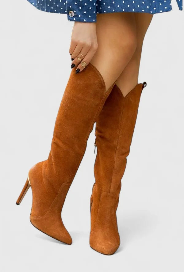 Women's faux leather side zip orthopedic knee high winter boots with v-cut shaft - Brown Leather
