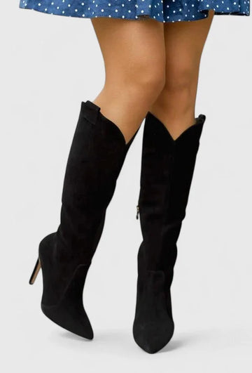 Women's faux leather side zip orthopedic knee high winter boots with v-cut shaft - Brown Leather