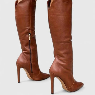 Women's faux leather side zip orthopedic knee high winter boots with v-cut shaft - Brown Leather