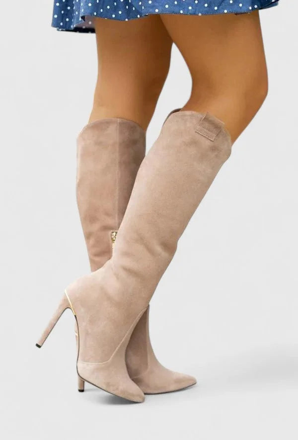 Women's faux leather side zip orthopedic knee high winter boots with v-cut shaft - Brown Leather