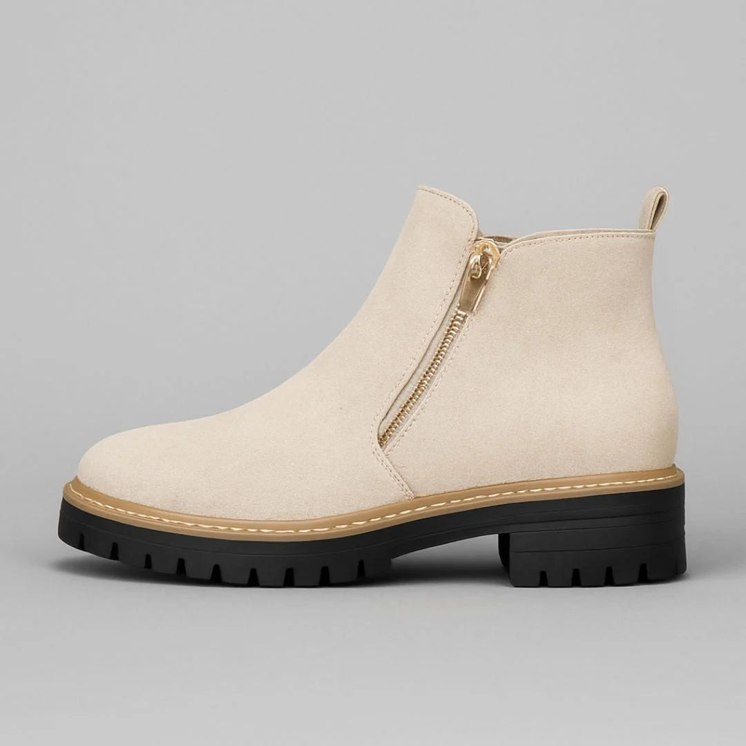 Women's suede side zip orthopedic ankle winter boots with block heel and gold zipper - Gray