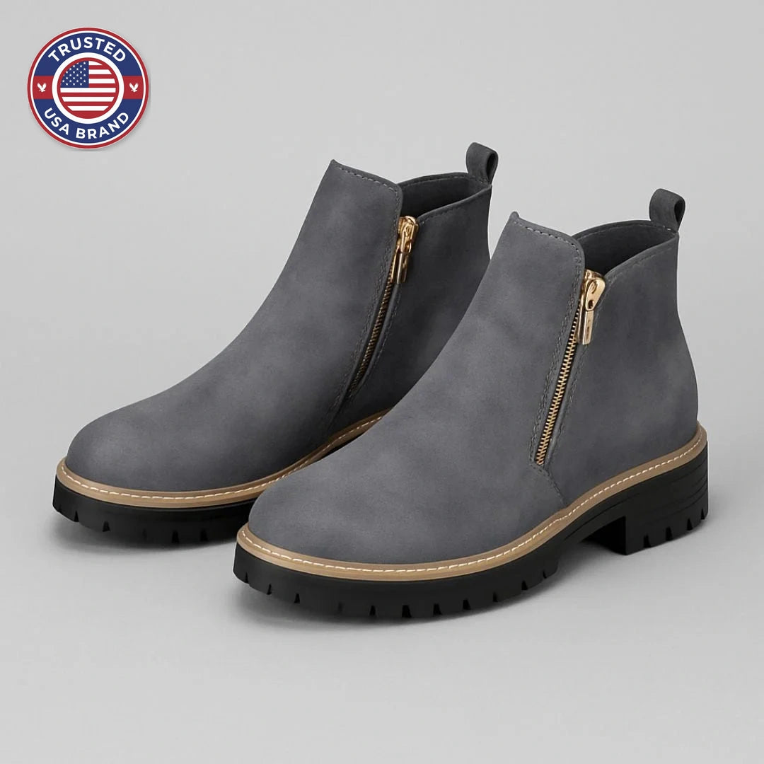 Women's suede side zip orthopedic ankle winter boots with block heel and gold zipper - Gray