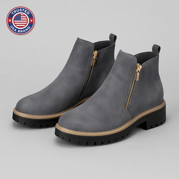 Women's suede side zip orthopedic ankle winter boots with block heel and gold zipper - Gray