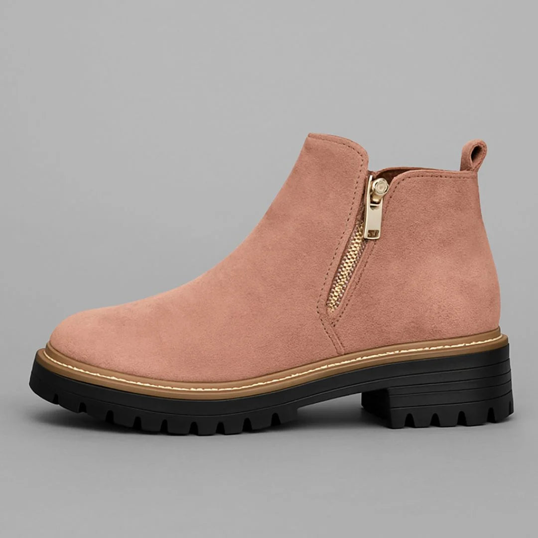 Women's suede side zip orthopedic ankle winter boots with block heel and gold zipper - Gray