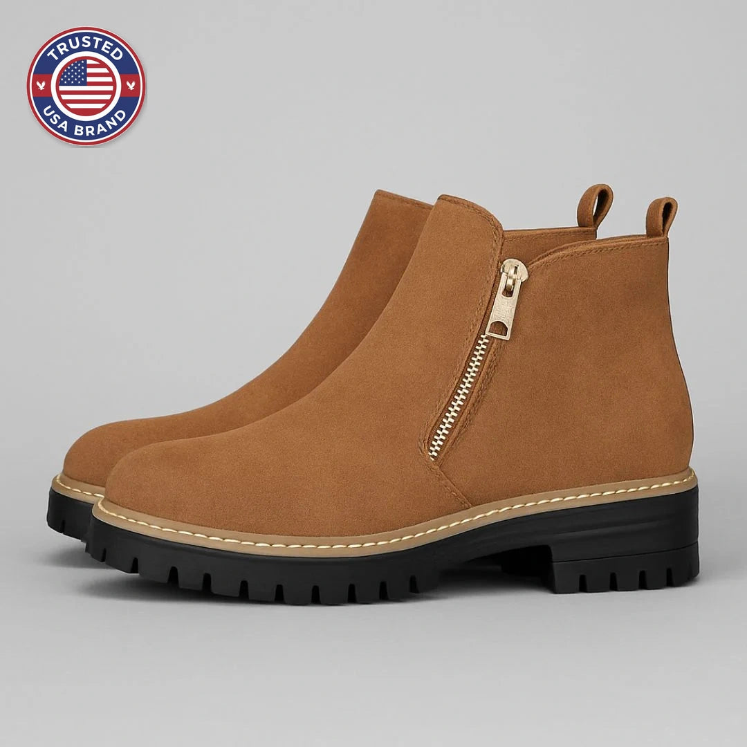 Women's suede side zip orthopedic ankle winter boots with block heel and gold zipper - Gray