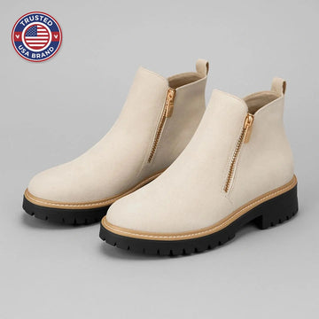 Women's suede side zip orthopedic ankle winter boots with block heel and gold zipper - Gray