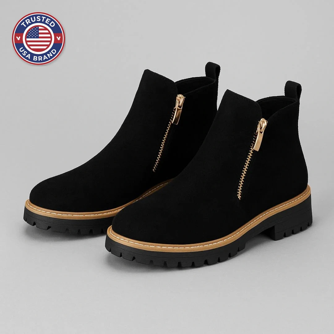 Women's suede side zip orthopedic ankle winter boots with block heel and gold zipper - Gray