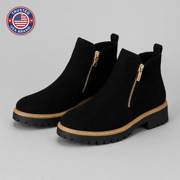 Women's suede side zip orthopedic ankle winter boots with block heel and gold zipper - Gray