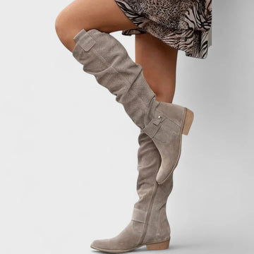 Women's suede side zip orthopedic knee high winter boots with perforated texture - Gray