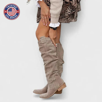 Women's suede side zip orthopedic knee high winter boots with perforated texture - Gray
