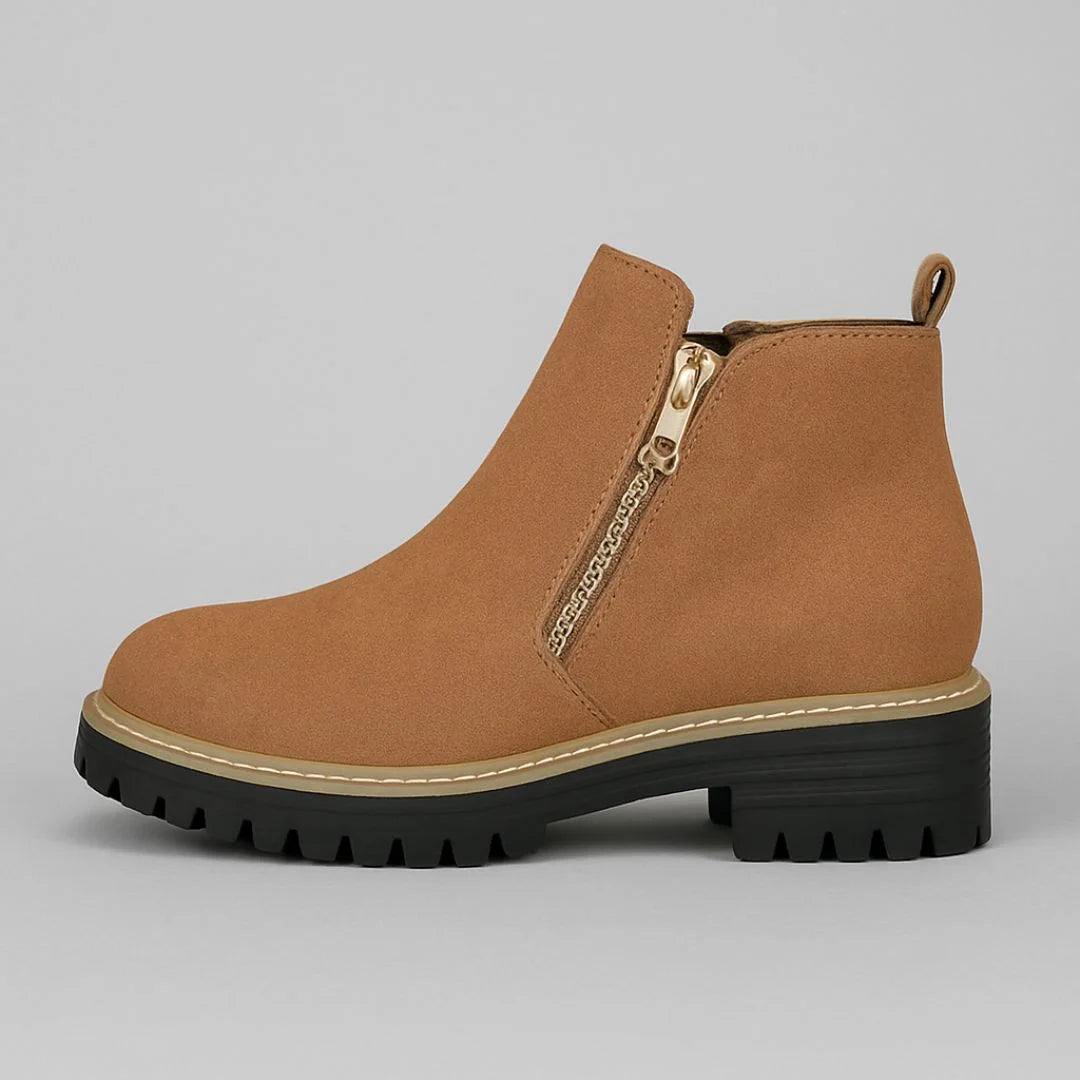 Women's suede side zip orthopedic ankle winter boots with block heel and gold zipper - Gray