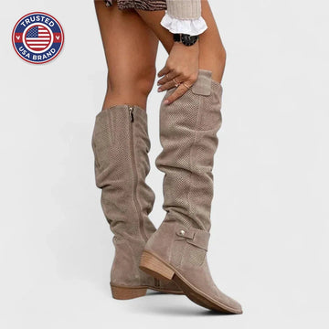 Women's suede side zip orthopedic knee high winter boots with perforated texture - Gray
