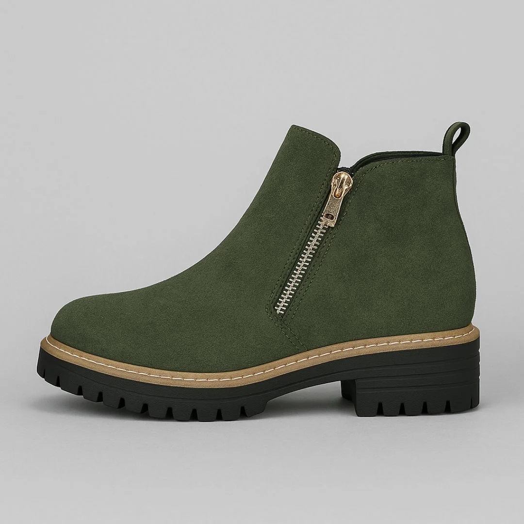 Women's suede side zip orthopedic ankle winter boots with block heel and gold zipper - Gray
