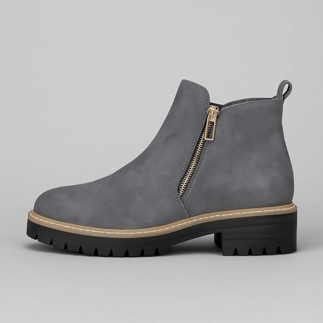 Women's suede side zip orthopedic ankle winter boots with block heel and gold zipper - Gray