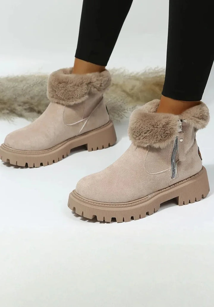 Women's suede side zip orthopedic ankle winter boots with faux fur trim and platform sole - Khaki