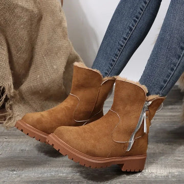 Women's suede side zip orthopedic ankle winter boots with faux fur trim - Khaki