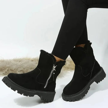 Women's suede side zip orthopedic ankle winter boots with faux fur trim and chunky sole - Khaki