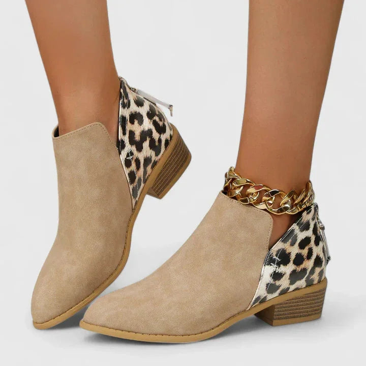 Women's leopard suede side zip orthopedic ankle winter boots - Khaki