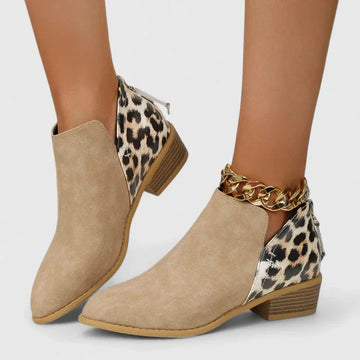 Women's leopard suede side zip orthopedic ankle winter boots - Khaki
