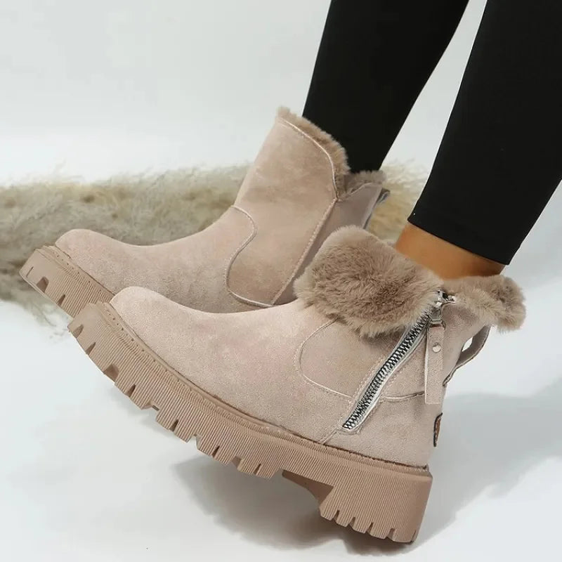 Women's suede side zip orthopedic ankle winter boots with faux fur trim - Khaki