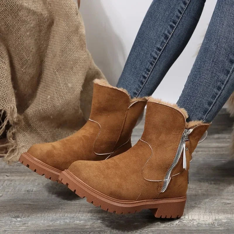 Women's suede side zip orthopedic ankle winter boots with faux fur trim and platform sole - Khaki