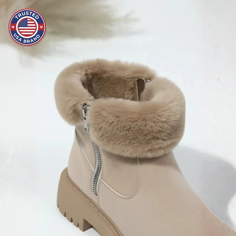 Women's suede side zip orthopedic ankle winter boots with faux fur trim and chunky sole - Khaki
