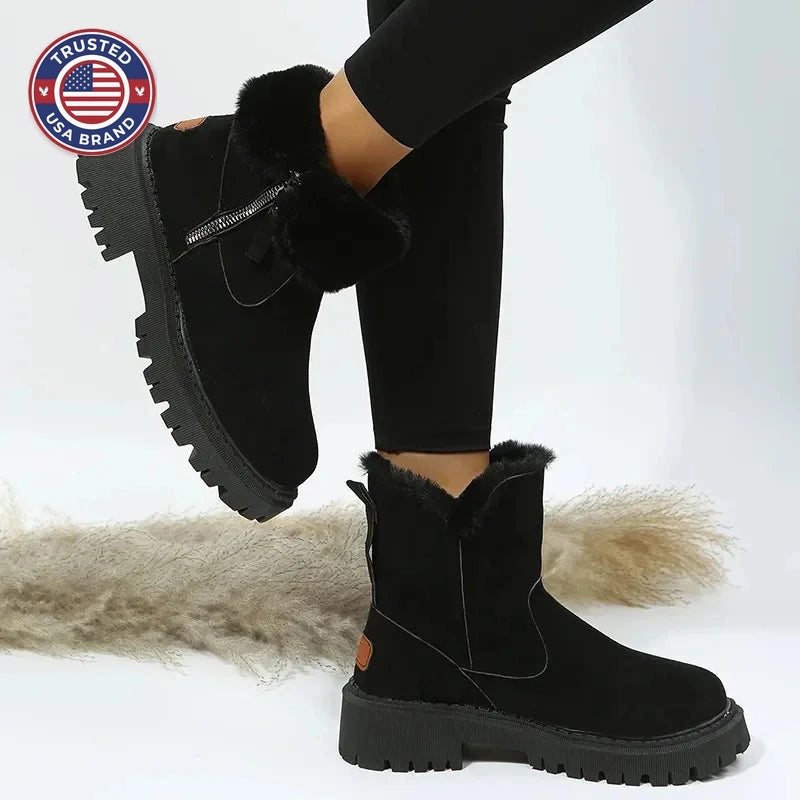 Women's suede side zip orthopedic ankle winter boots with faux fur trim and platform sole - Khaki