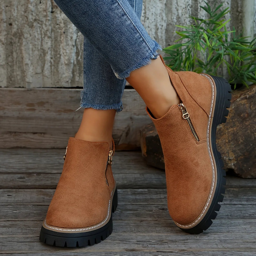 Women's suede side zip orthopedic ankle winter boots with chunky lug sole - Leopard Print