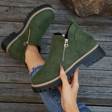 Women's suede side zip orthopedic ankle winter boots with chunky lug sole - Leopard Print