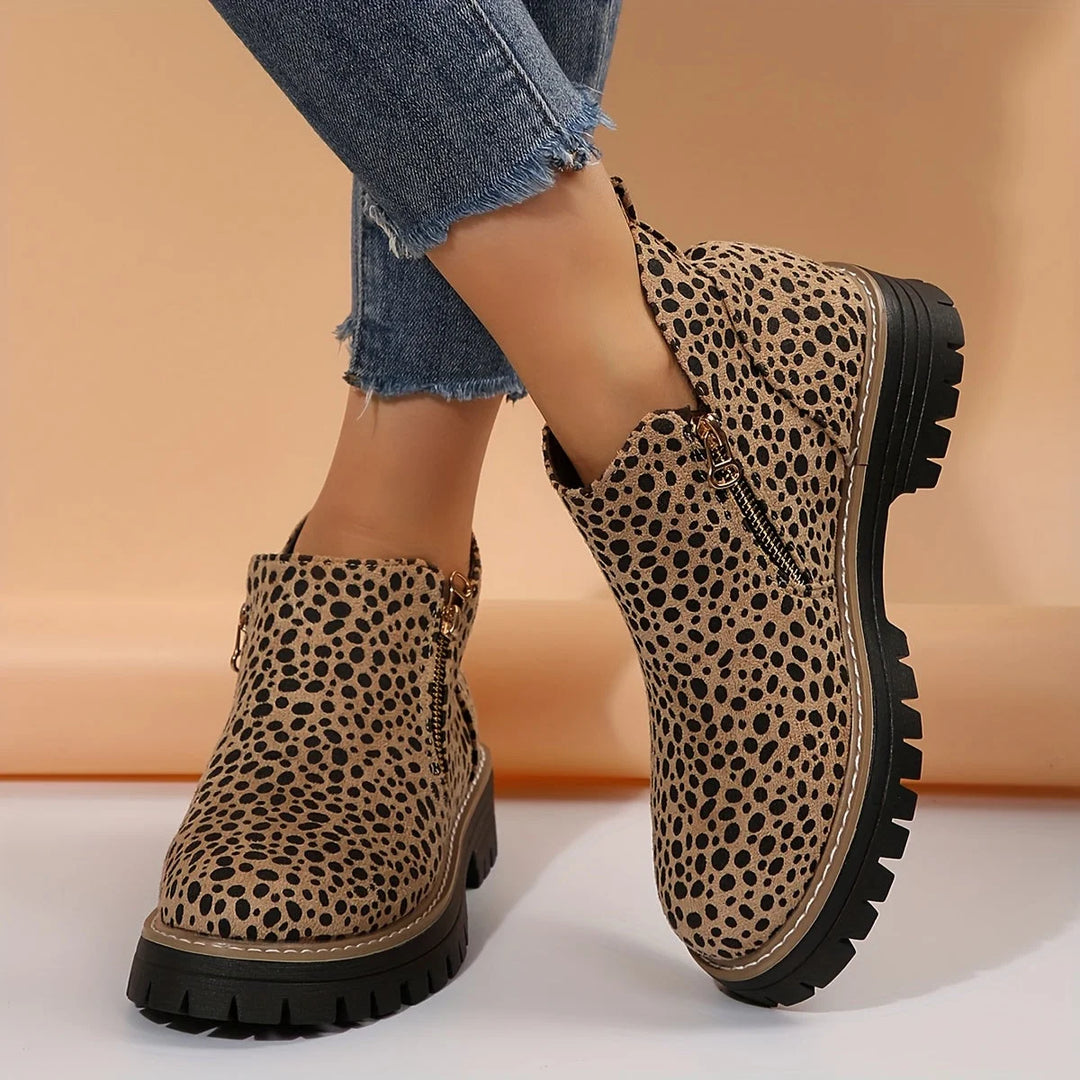 Women's suede side zip orthopedic ankle winter boots with chunky lug sole - Leopard Print