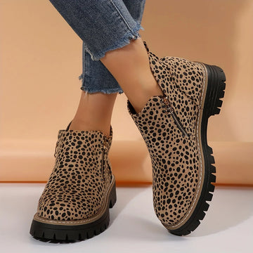 Women's suede side zip orthopedic ankle winter boots with chunky lug sole - Leopard Print