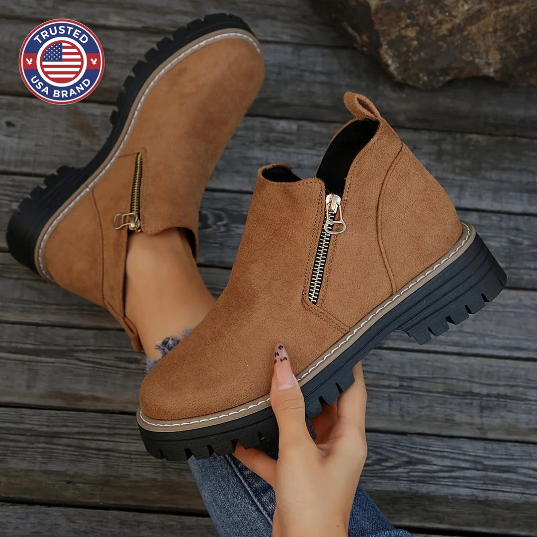 Women's suede side zip orthopedic ankle winter boots with chunky lug sole - Leopard Print
