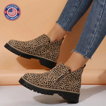 Women's suede side zip orthopedic ankle winter boots with chunky lug sole - Leopard Print