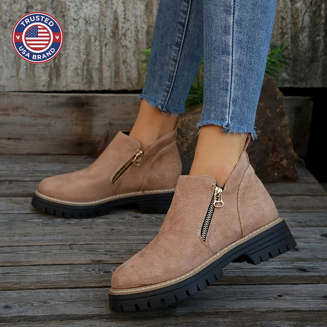 Women's suede side zip orthopedic ankle winter boots with chunky lug sole - Leopard Print