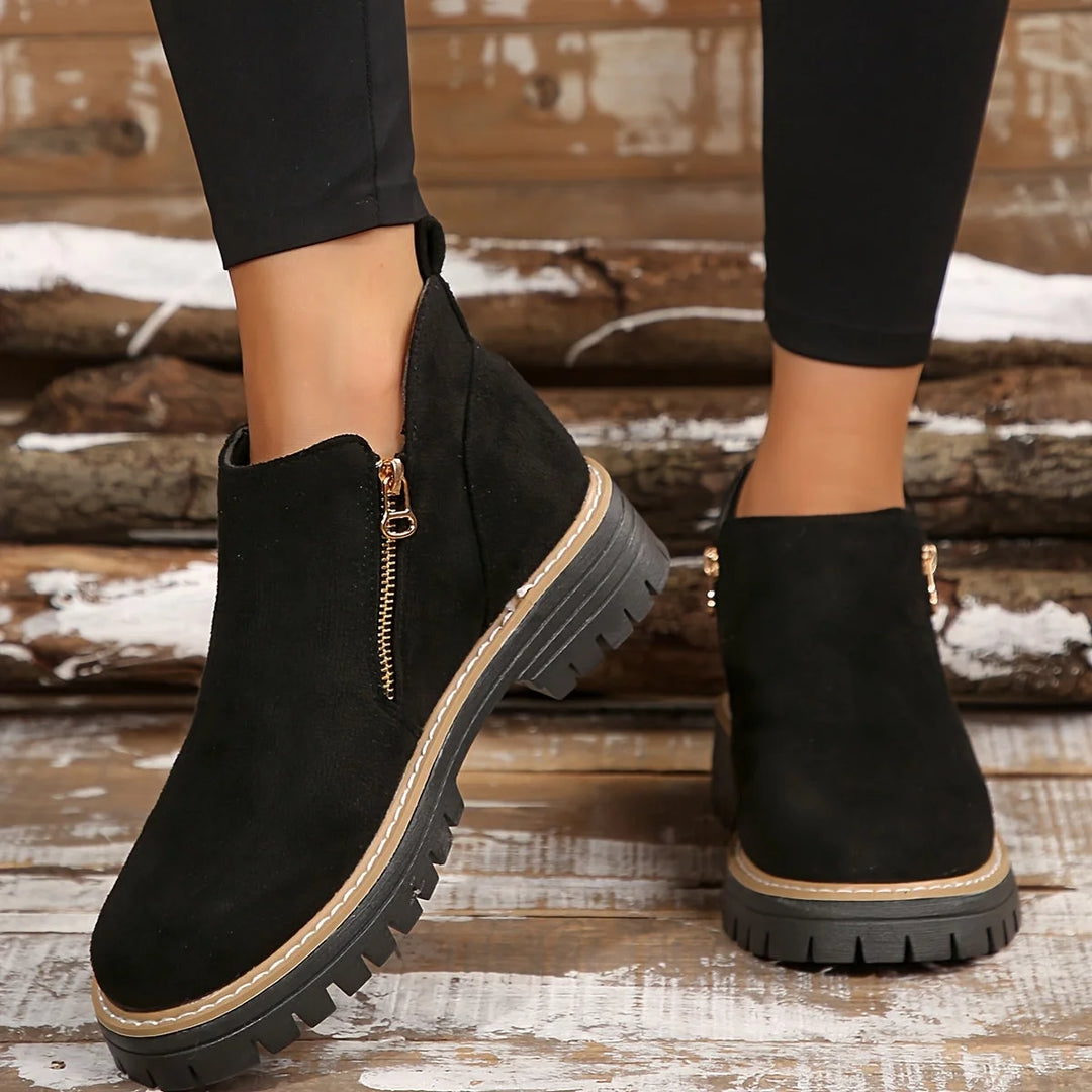 Women's suede side zip orthopedic ankle winter boots with chunky lug sole - Leopard Print