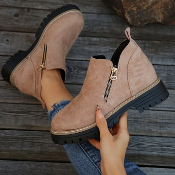 Women's suede side zip orthopedic ankle winter boots with chunky lug sole - Leopard Print