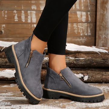 Women's suede side zip orthopedic ankle winter boots with chunky lug sole - Leopard Print