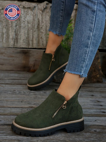 Women's suede side zip orthopedic ankle winter boots with chunky lug sole - Leopard Print