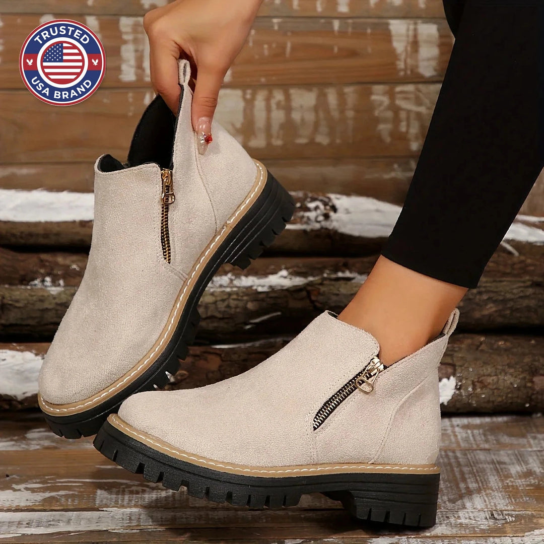 Women's suede side zip orthopedic ankle winter boots with chunky lug sole - Leopard Print