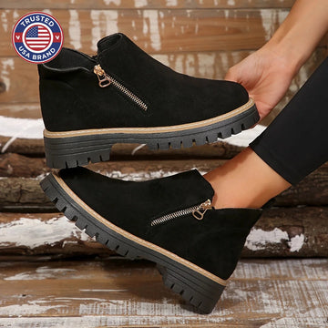 Women's suede side zip orthopedic ankle winter boots with chunky lug sole - Leopard Print