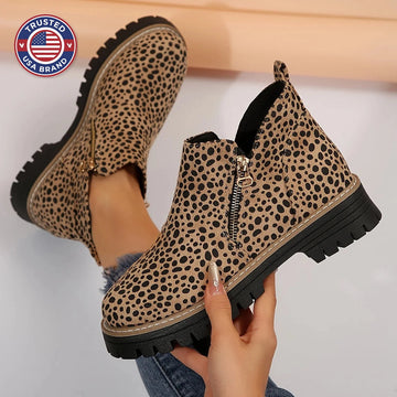 Women's suede side zip orthopedic ankle winter boots with chunky lug sole - Leopard Print