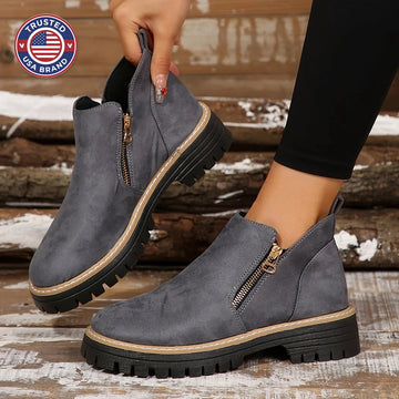 Women's suede side zip orthopedic ankle winter boots with chunky lug sole - Leopard Print