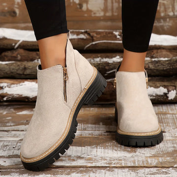 Women's suede side zip orthopedic ankle winter boots with chunky lug sole - Leopard Print