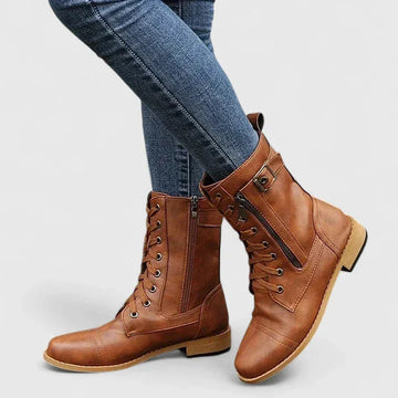 Women's faux leather lace-up orthopedic combat winter boots with side zip - Light Brown