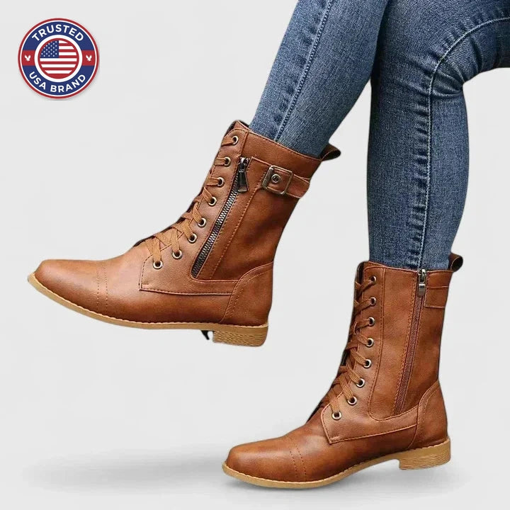 Women's faux leather lace-up orthopedic combat winter boots with side zip - Light Brown
