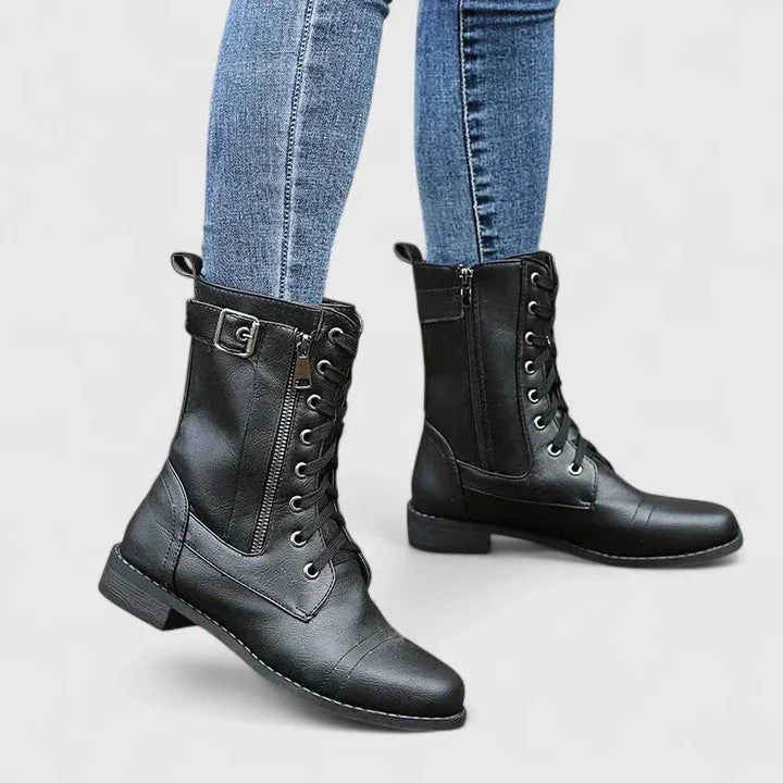 Women's faux leather lace-up orthopedic combat winter boots with side zip - Light Brown