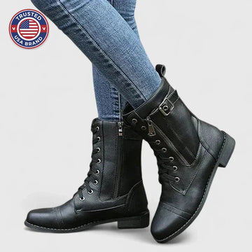 Women's faux leather lace-up orthopedic combat winter boots with side zip - Light Brown