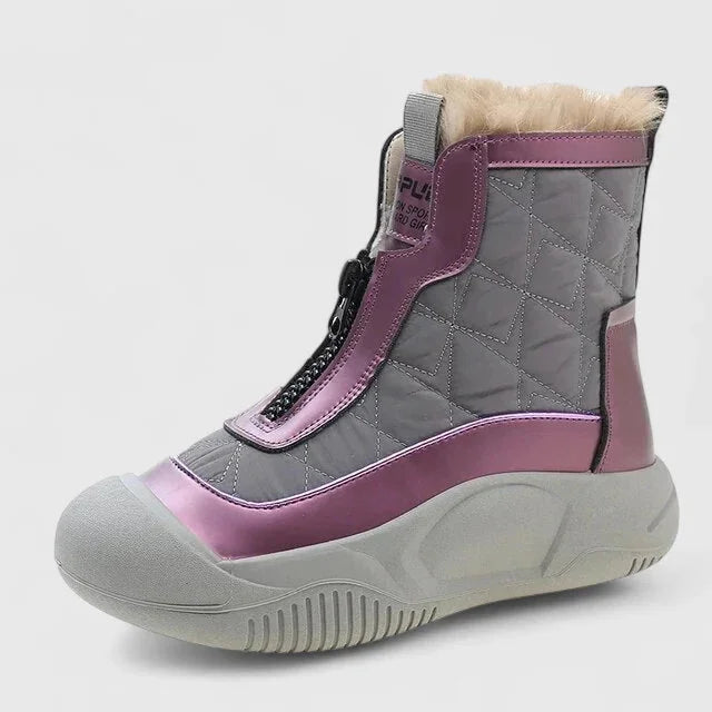 Women's quilted zip-up orthopedic ankle winter boots with faux fur lining - Purple