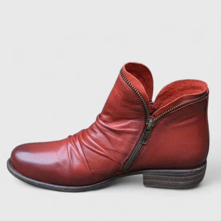 Women's faux leather side zip orthopedic ankle winter boots with ruched upper - Purple